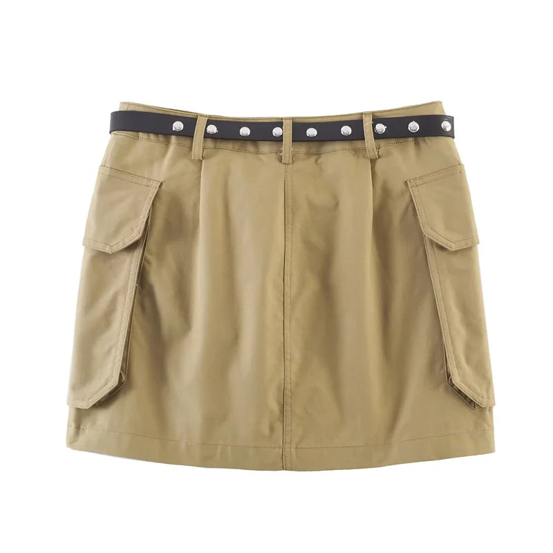 Women's Half Skirt  Khaki with Belt and Pocket