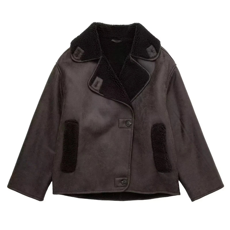 Faux Leather Jackets For Women Long Sleeve Demi-Season Plush Jacket