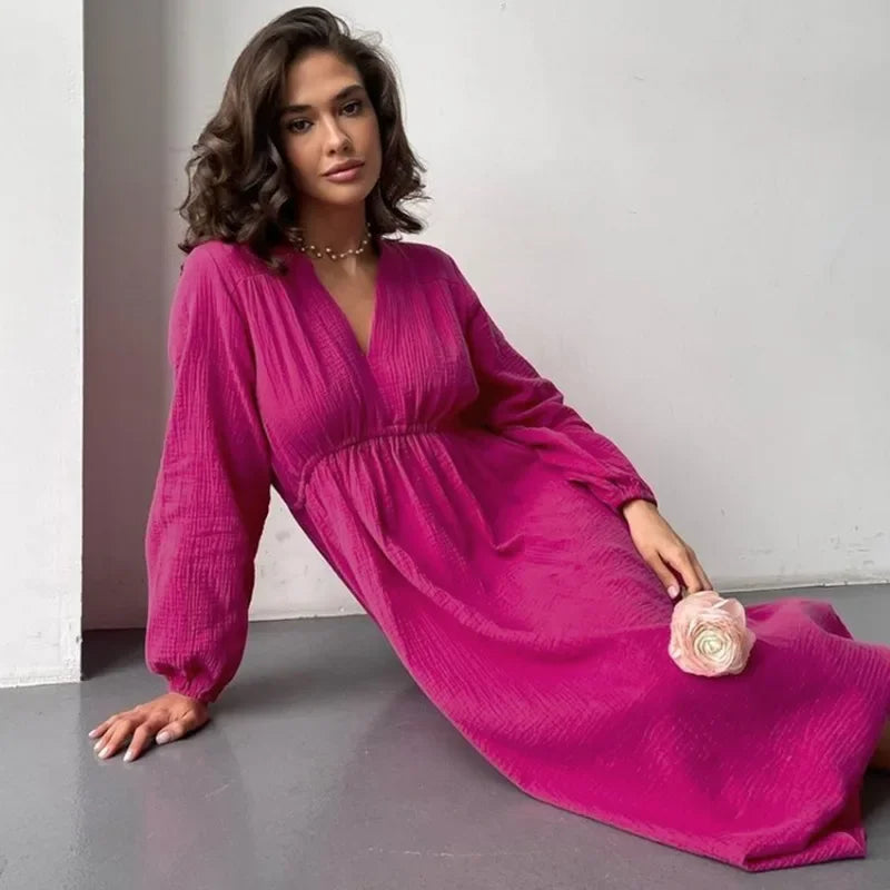 Muslin Long Sleeve V-neck Casual  Robes