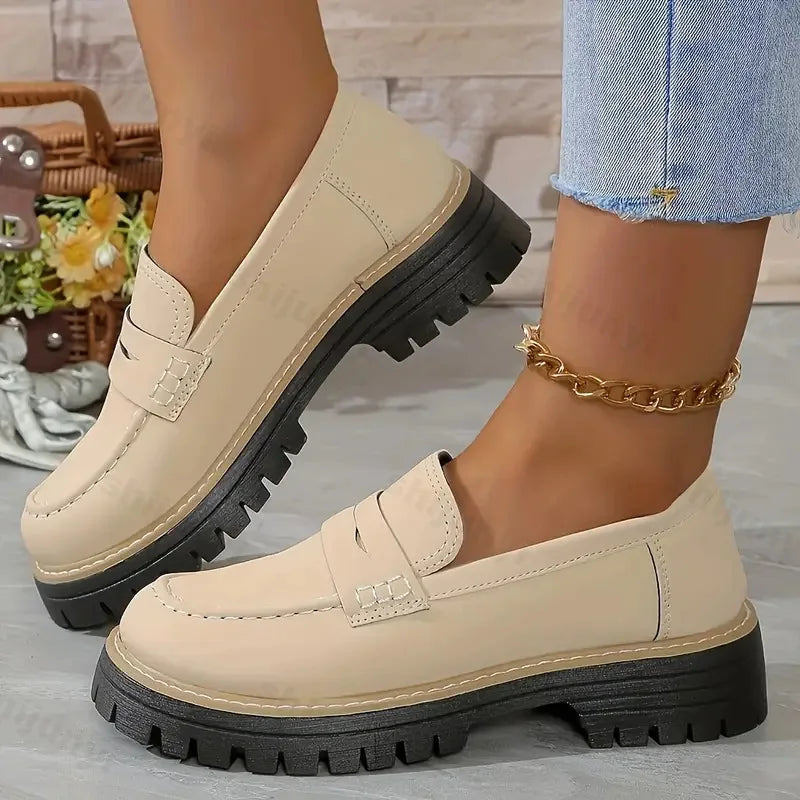 Woman Loafers Ladies Large Size Frosted British Thick Heel Round Toe Rubber Outsole Korean Style Casual Shoes