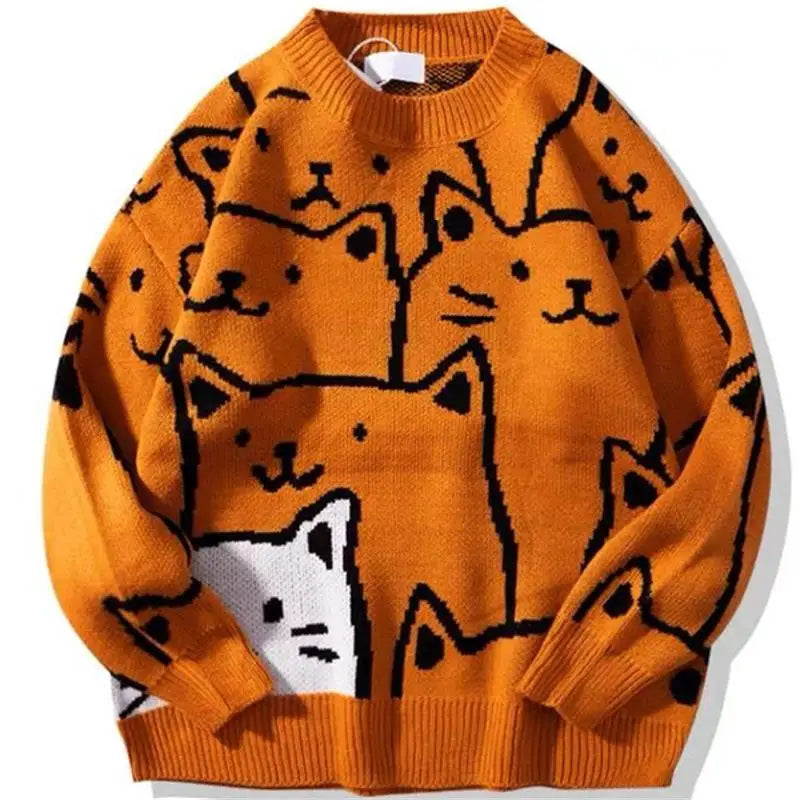 Cartoon Cat Knitted Sweater. Men 's  Jumper Knit Oversized Vintage Sweater