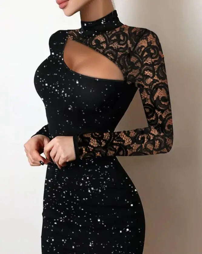 Skinny Glitter Contrast Lace Cutout Bodycon Dress