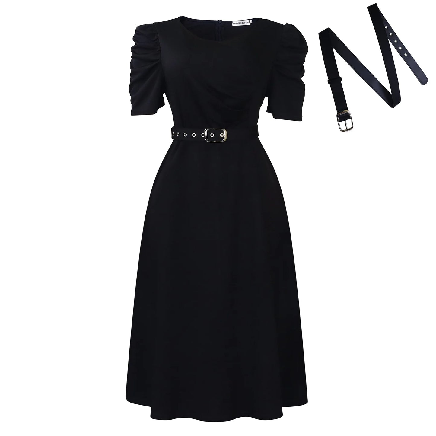 V Neck Short Sleeve Belt Waisted Pleated Party Dress