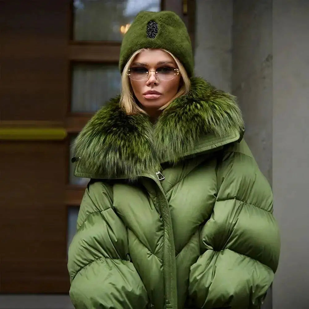 Women's Green Fur Collar Quilted Coats Loose Lady Warm Jackets
