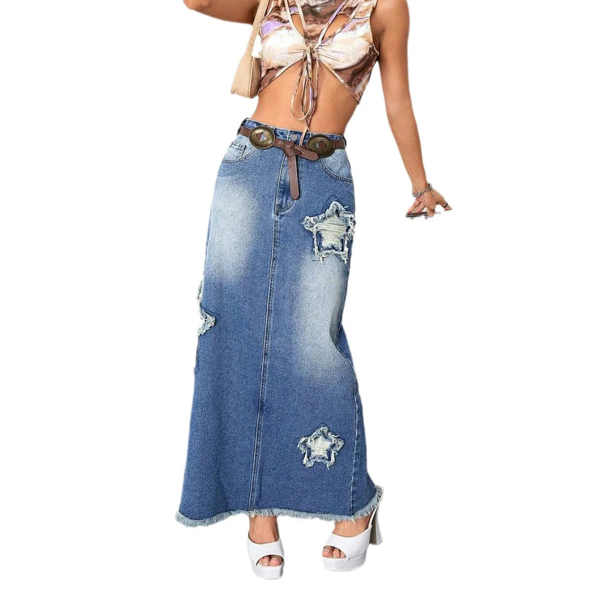 Denim Long Split Ripped Pentagram Patchwork High Waist Skirt