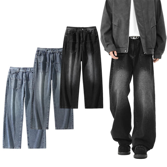 Wide-leg retro washed denim pants for men,