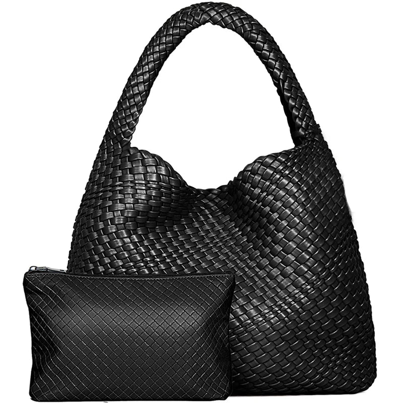 Large Woven Handbag Soft Leather Shoulder Bag Work Shopper Bag with Purse