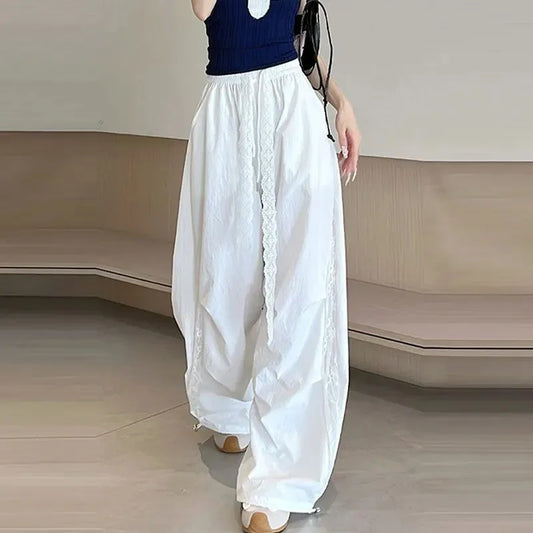Wide Leg Pants  with Lace Side Panels Elastic Waist