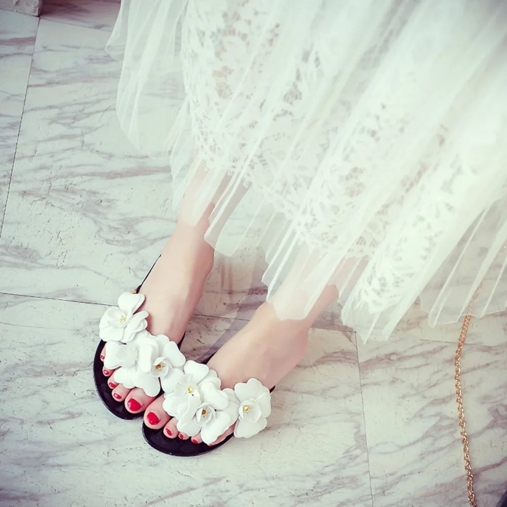 Flip Flops Women Summer Flower Flip Flop Sandals Flat Bottom Jelly Shoes