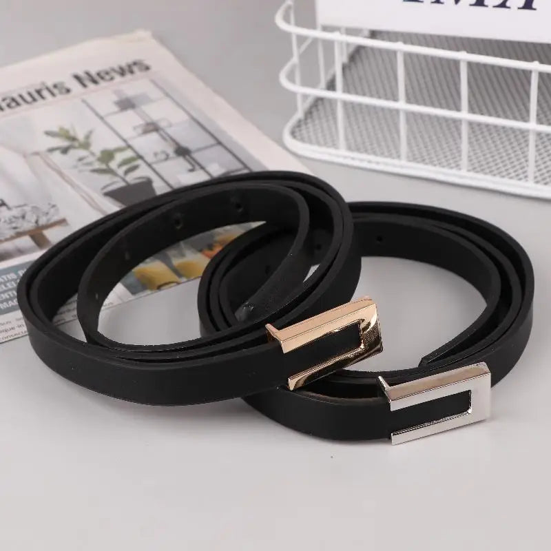Women Thin Belt Black Gold Silver Metal Buckle Belt