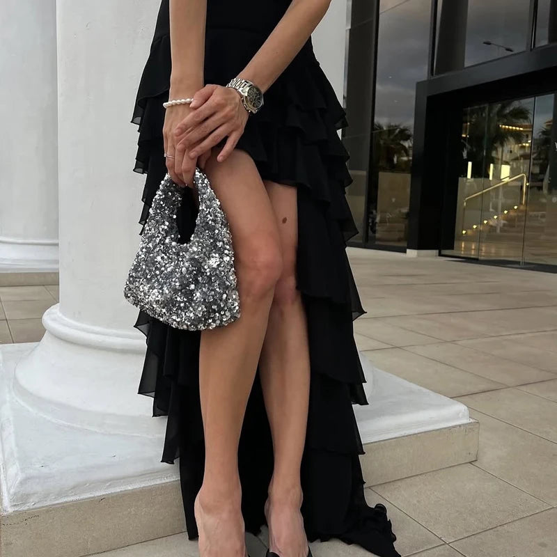 Pleated  Backless Corset Sleeveless Asymmetrical Layered Ruffled Tulle Halter Dress
