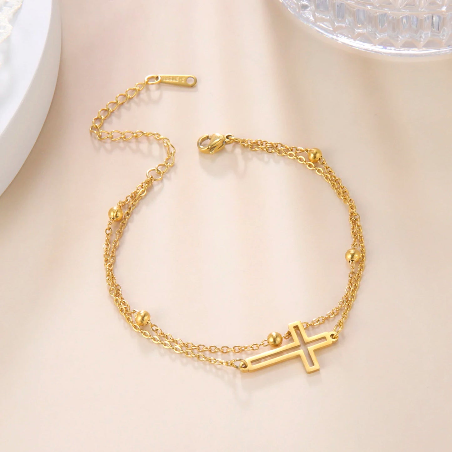 Cross Pendant Bracelets Stainless Steel Double Layer Chain