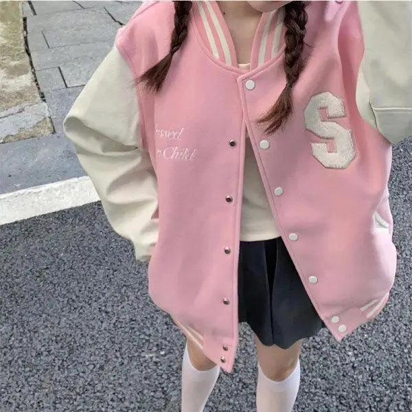 Women's Vintage Preppy-Style Fleece-Lined Pink Baseball Jacket