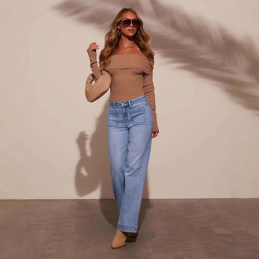High Waist Jeans for Women Slim Wide Leg Retro Temperament Straight Pants