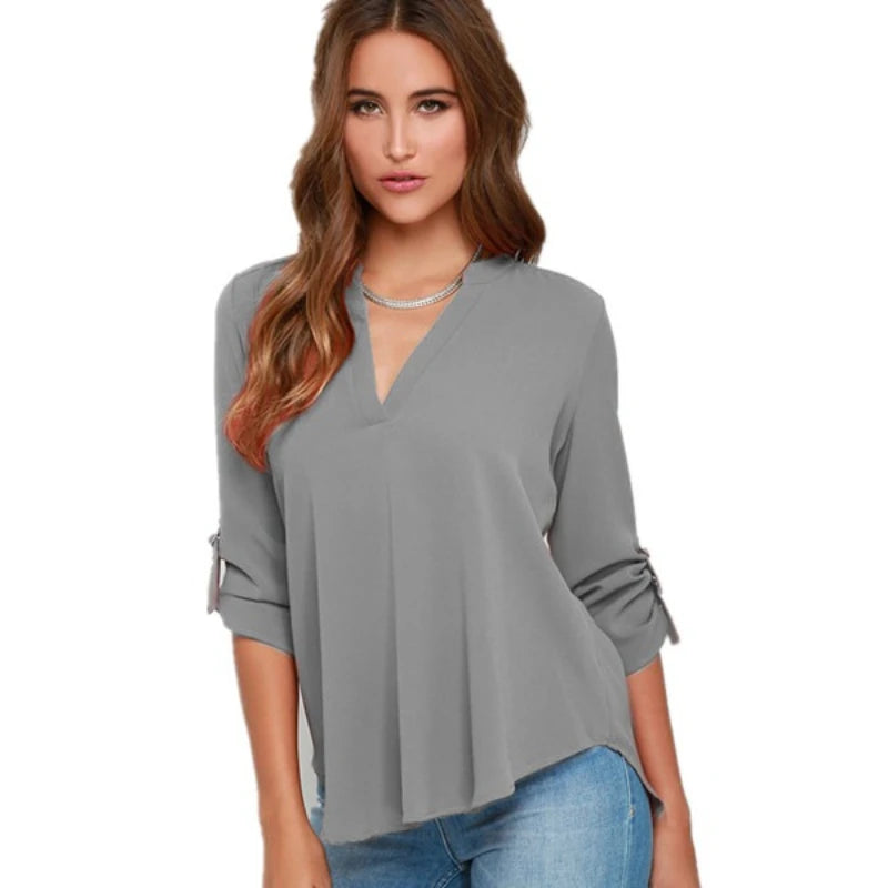 Blouses Long Sleeve  V-Neck Chiffon Blouse