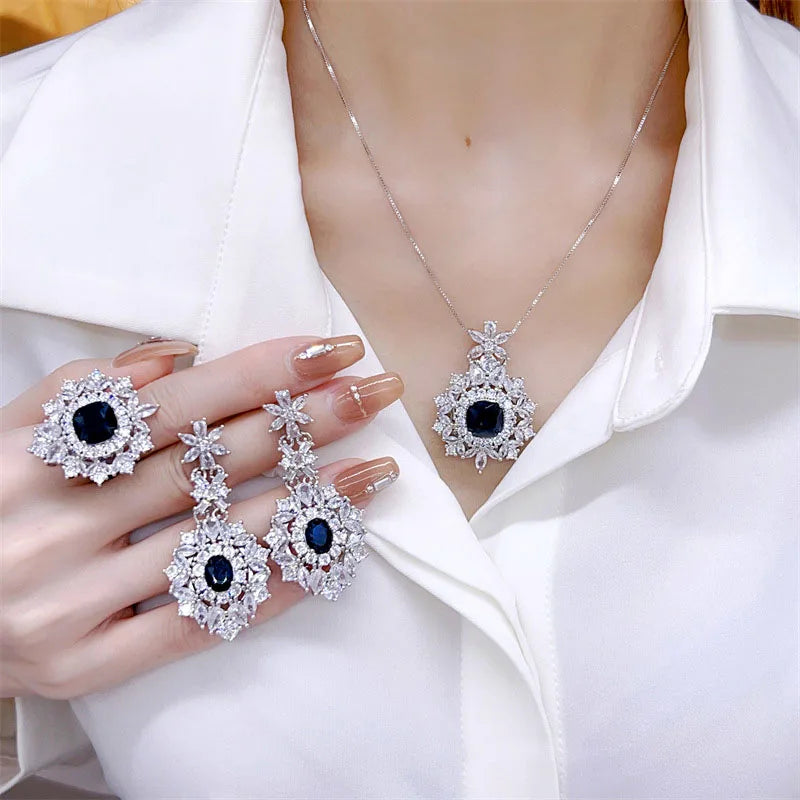 Elegant Blue Zirconia Lace Adjustable Ring/Necklace/Earrings Women's Jewelry Set