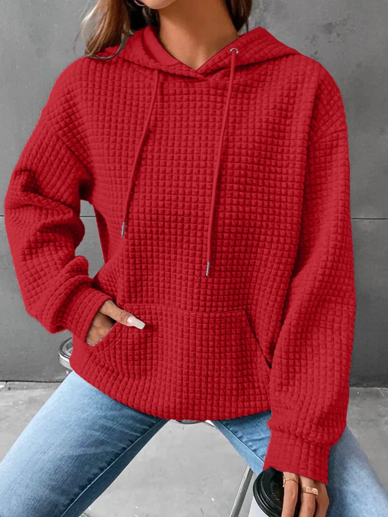 Women's hooded sweatshirt spring and autumn style waffle