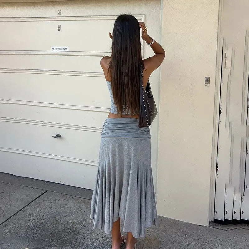 Tornova Pleated High Waist Long Skirt Suit Female One-shoulder Sleeveless Tanks Top