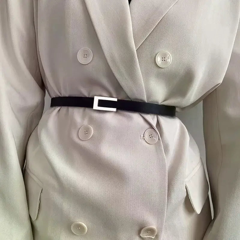 Women Thin Belt Black Gold Silver Metal Buckle Belt