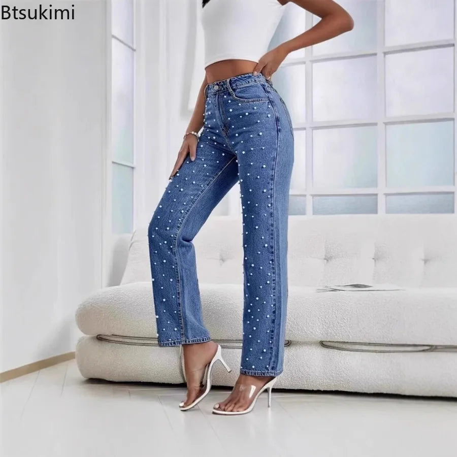Women's Jeans Pants Beading High Waist Straight Pants
