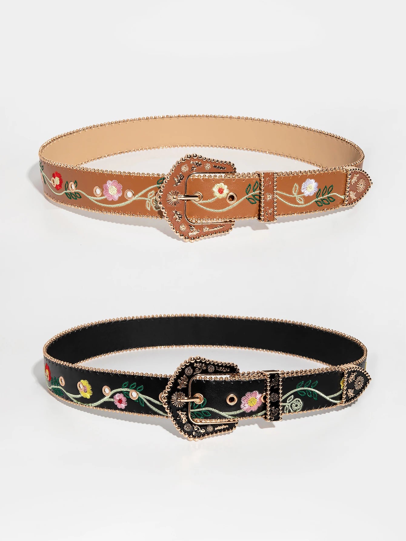 Women Retro Casual Multi-Color Carved Beaded Random Floral Embossed Bead-Edge Belt