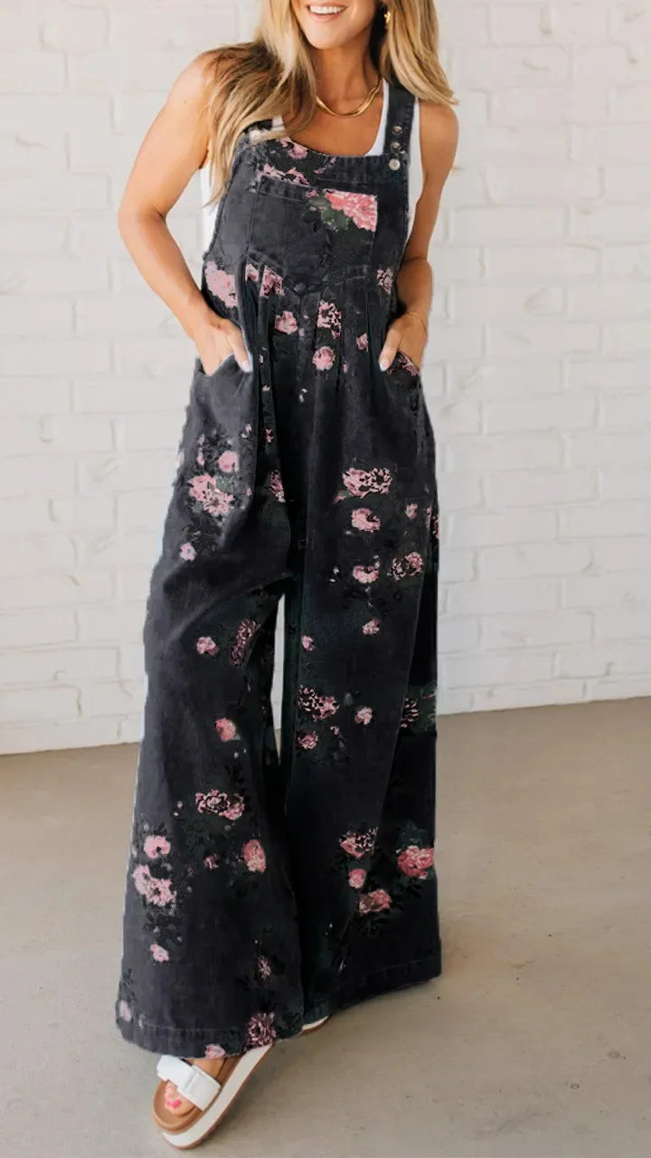Women Jumpsuits Floral Printed Overalls Square Neck Sleeveless Rompers