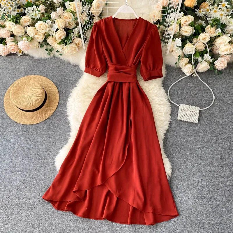 New Temperament V-neck Solid Color Bubble Short-sleeved Dress