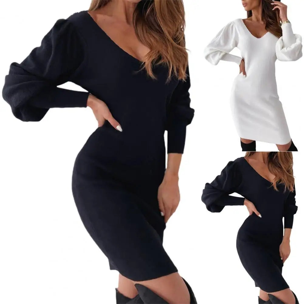 Black Open Back Lace Lantern Sleeve V Neck Sweater Spring