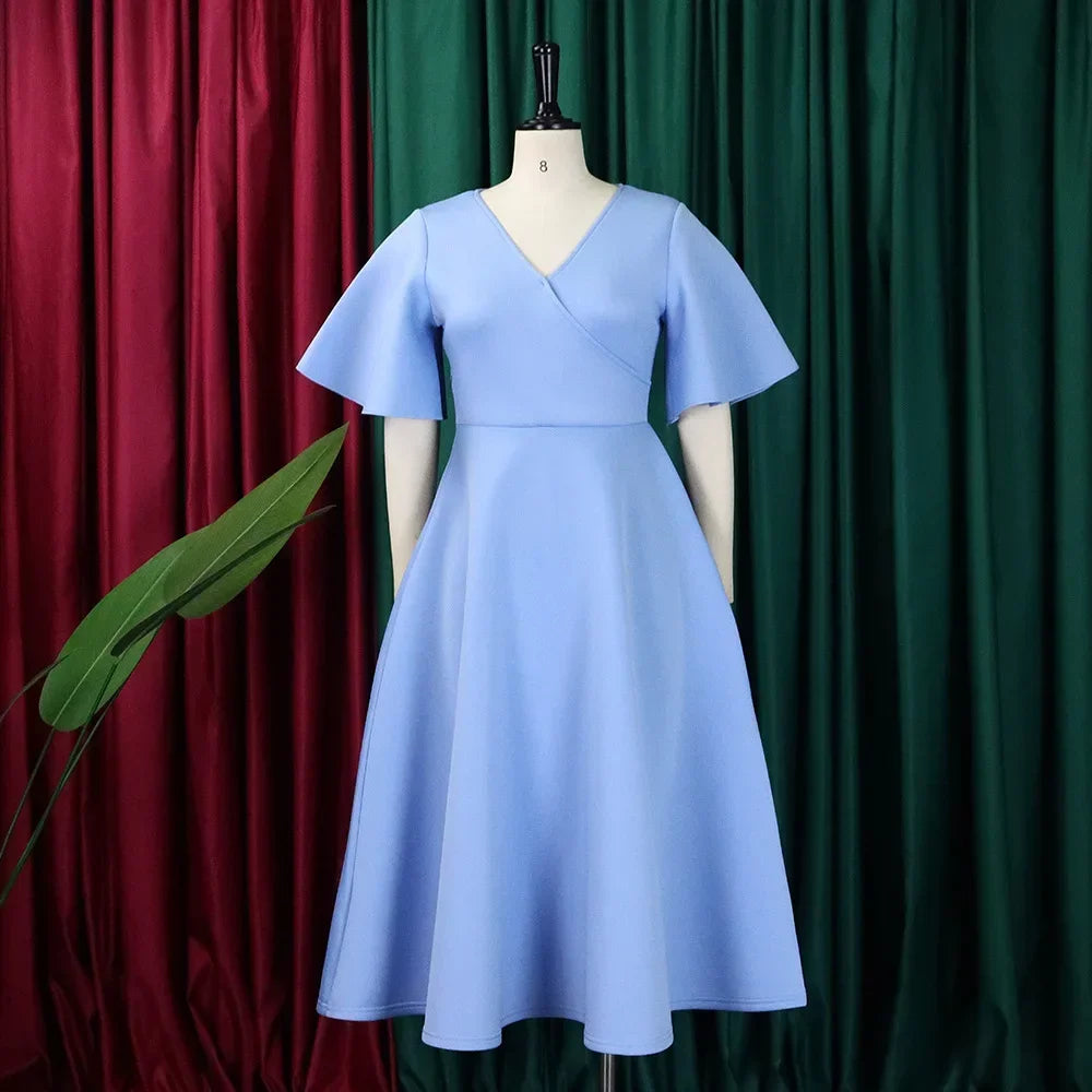 V Neck Flare Sleeve High Waisted Pleated A Line Mid Calf Luxury Dress