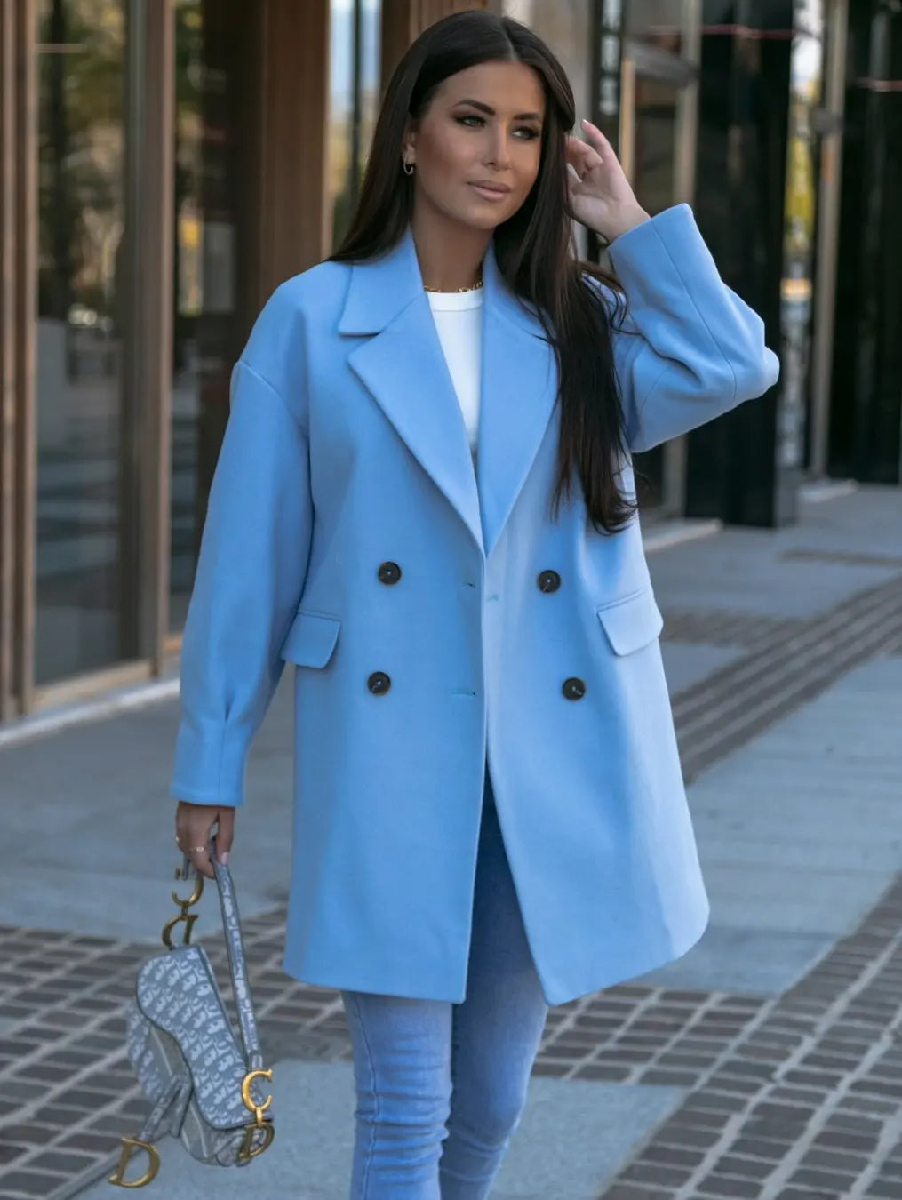 Blue Long Sleeve Fashion Casual Ladies Coats