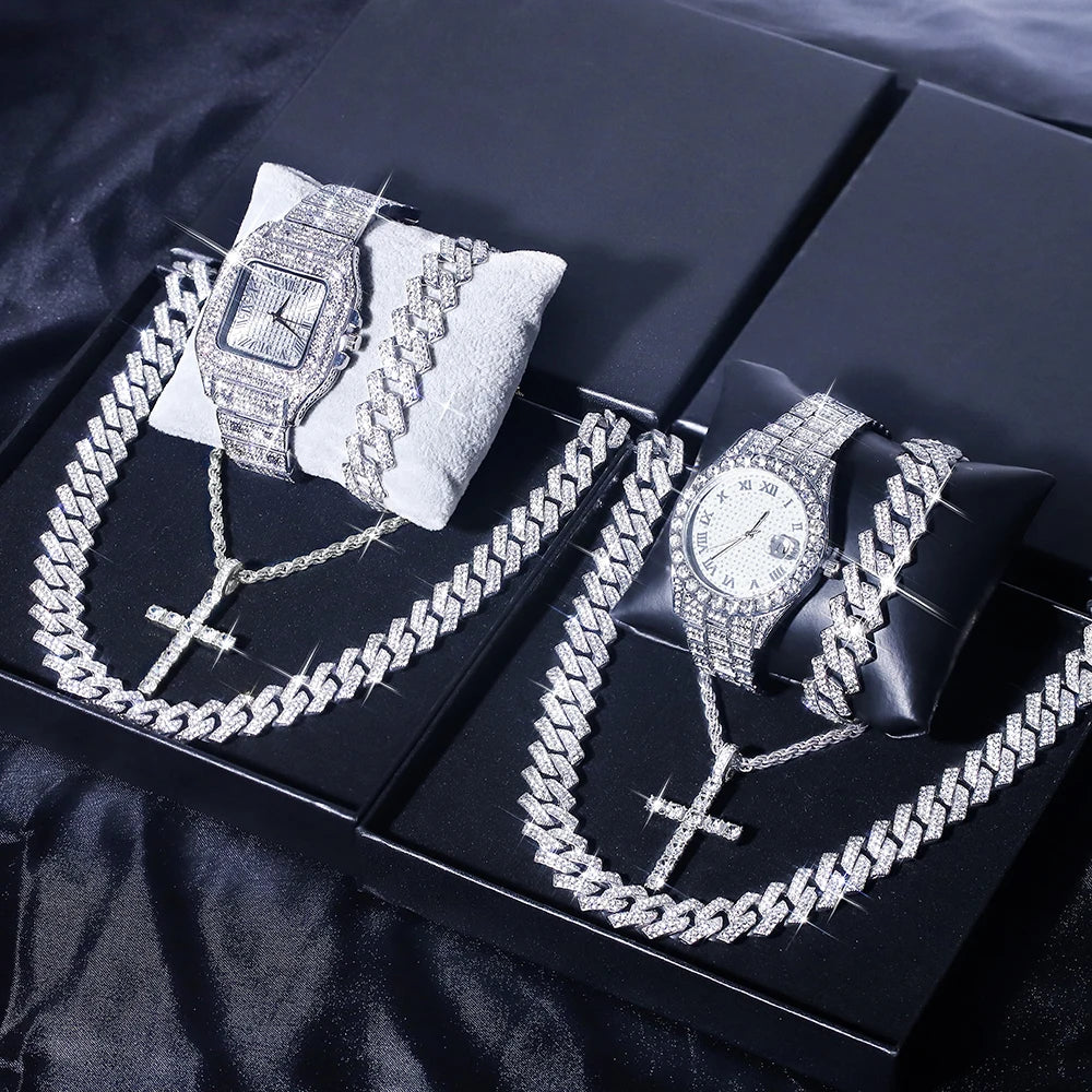 5Pcs Silver HipHop Watch Set Ice Flash Men Women