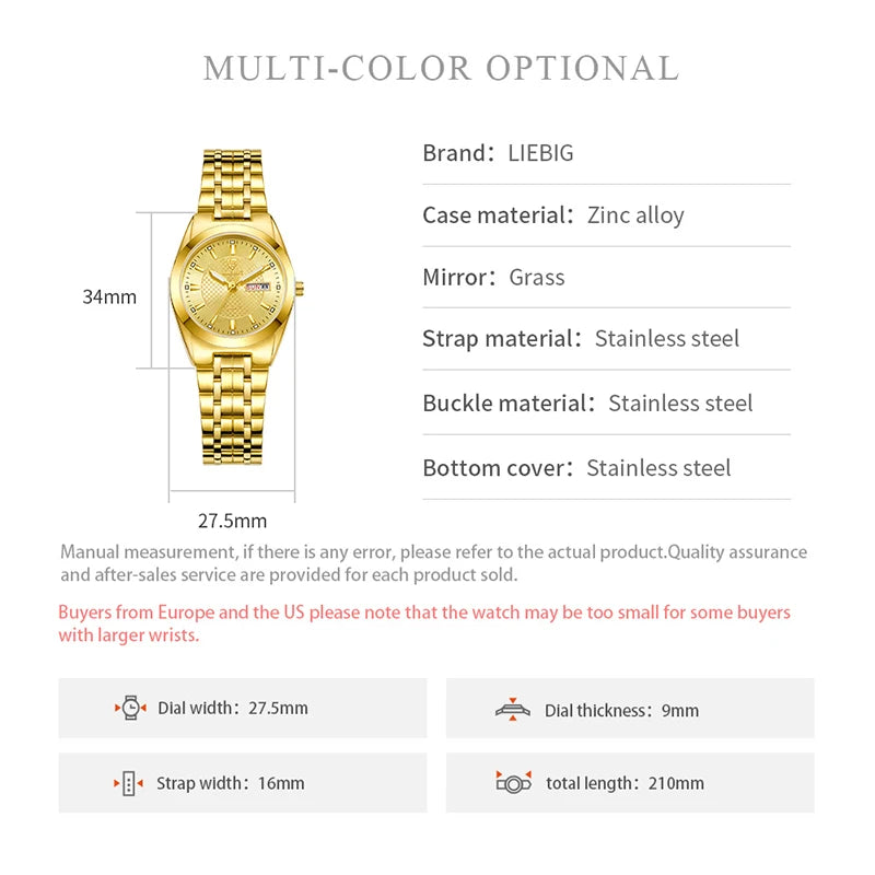 Women's Watch Quartz  Stainless Steel Gold Time Date Waterproof Wristwatch