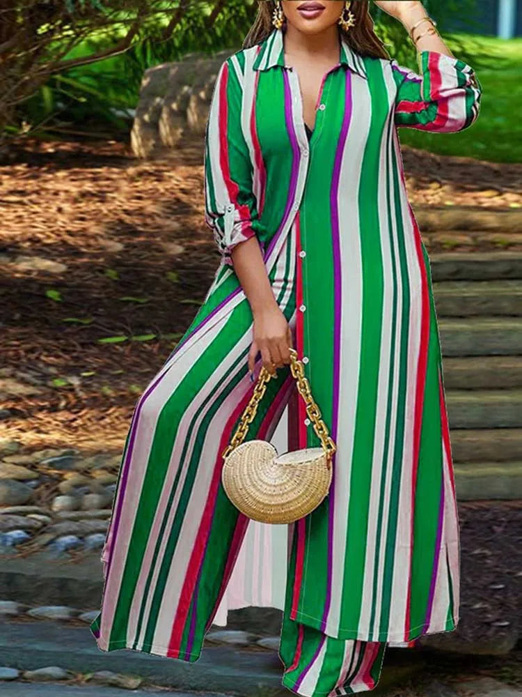 Elegant 2-piece Sets for Women  Long Shirt Blouse Full Sleeve Striped Plus Size Matching Sets