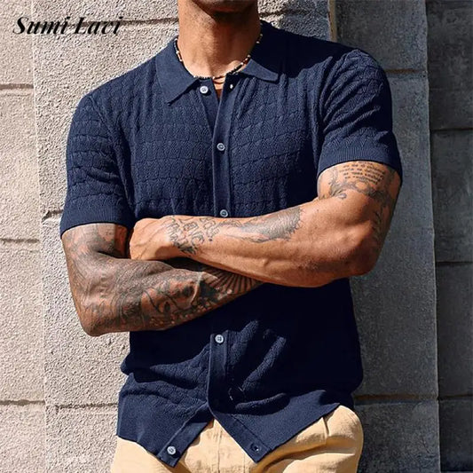 Vintage Jacquard Shirts Mens Knitted Solid Color Textured Short Sleeve Buttoned Lapel Cardigans Men Summer Casual Slim Shirt Top