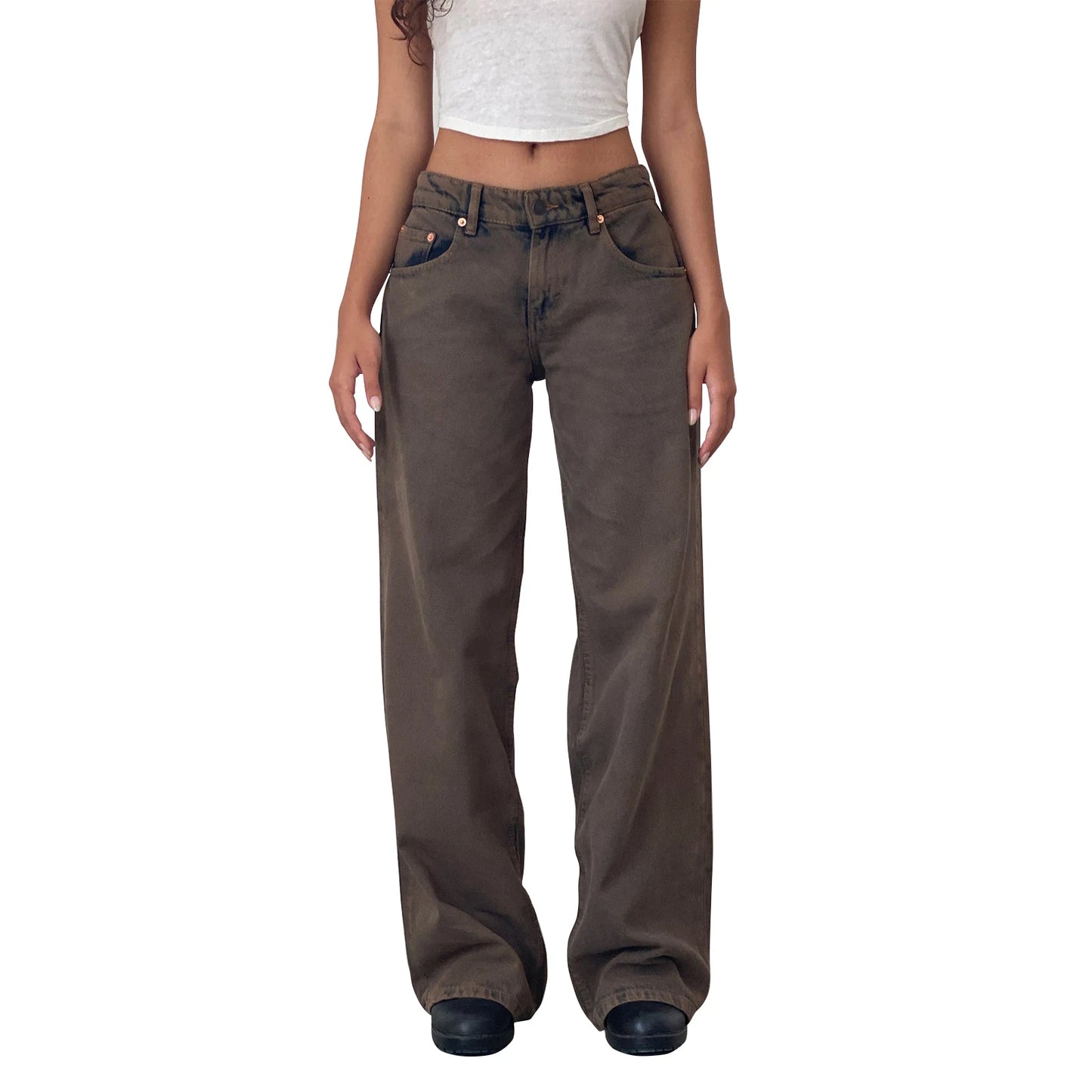 Women's versatile jeans, aesthetic solid color low rise