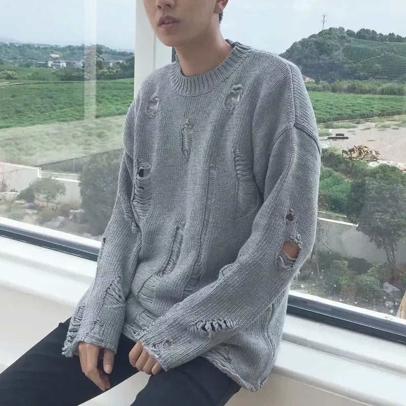 Men Wash Hole Ripped Knit Sweaters k Oversized  Sweater