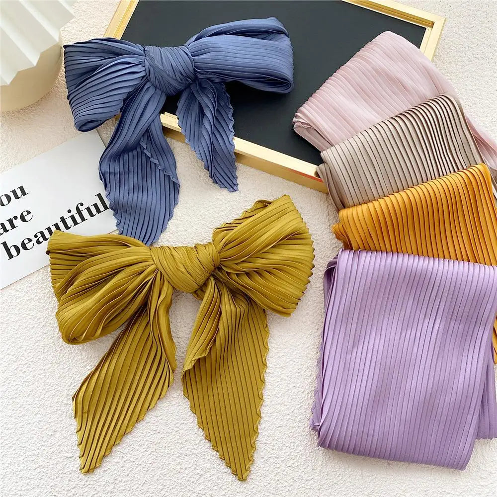 Women Pleated Satin Scarf For Ladies Neckerchief