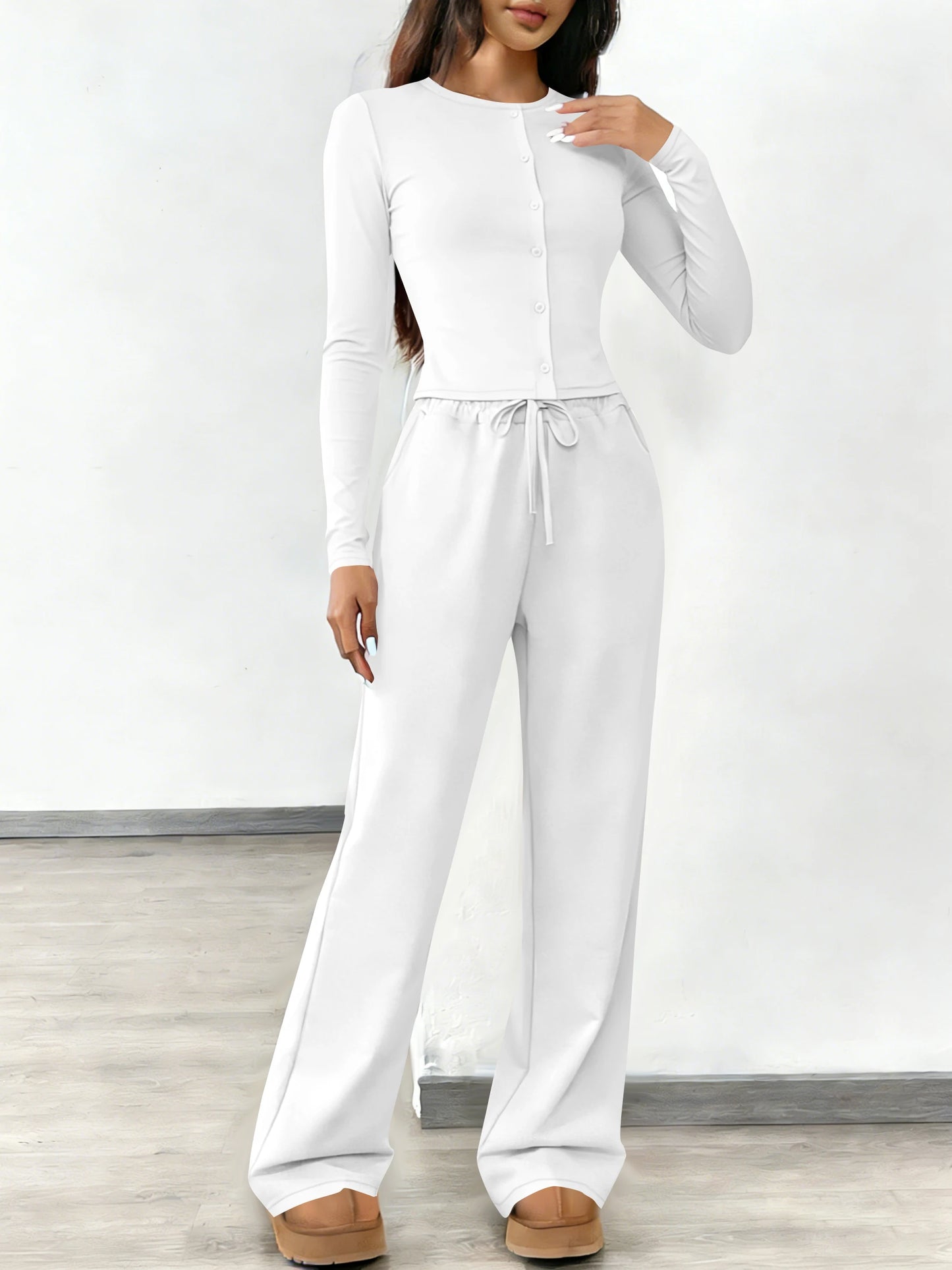 Women's fashionable two-piece set: round neck button-down long-sleeved top