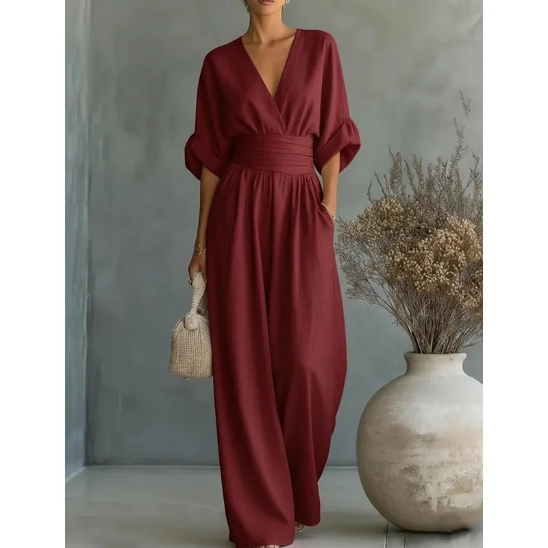 Casual Women Jumpsuit  V Neck Slim Waist Wide Leg Pant Jumpsuit