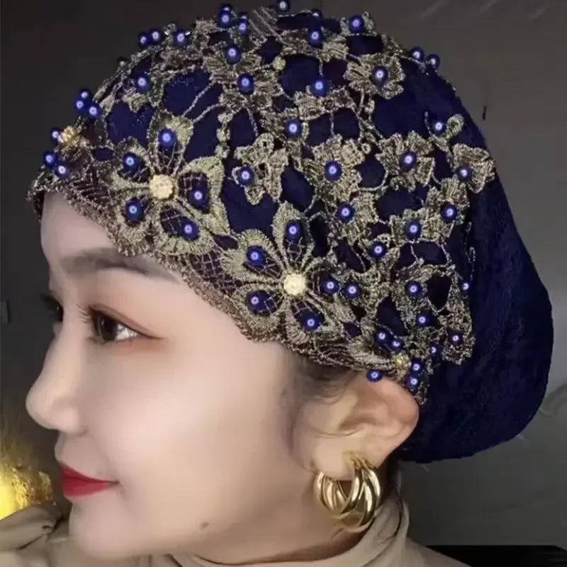 Ladies Personality Ethnic Beaded Hat Gauze Headscarf