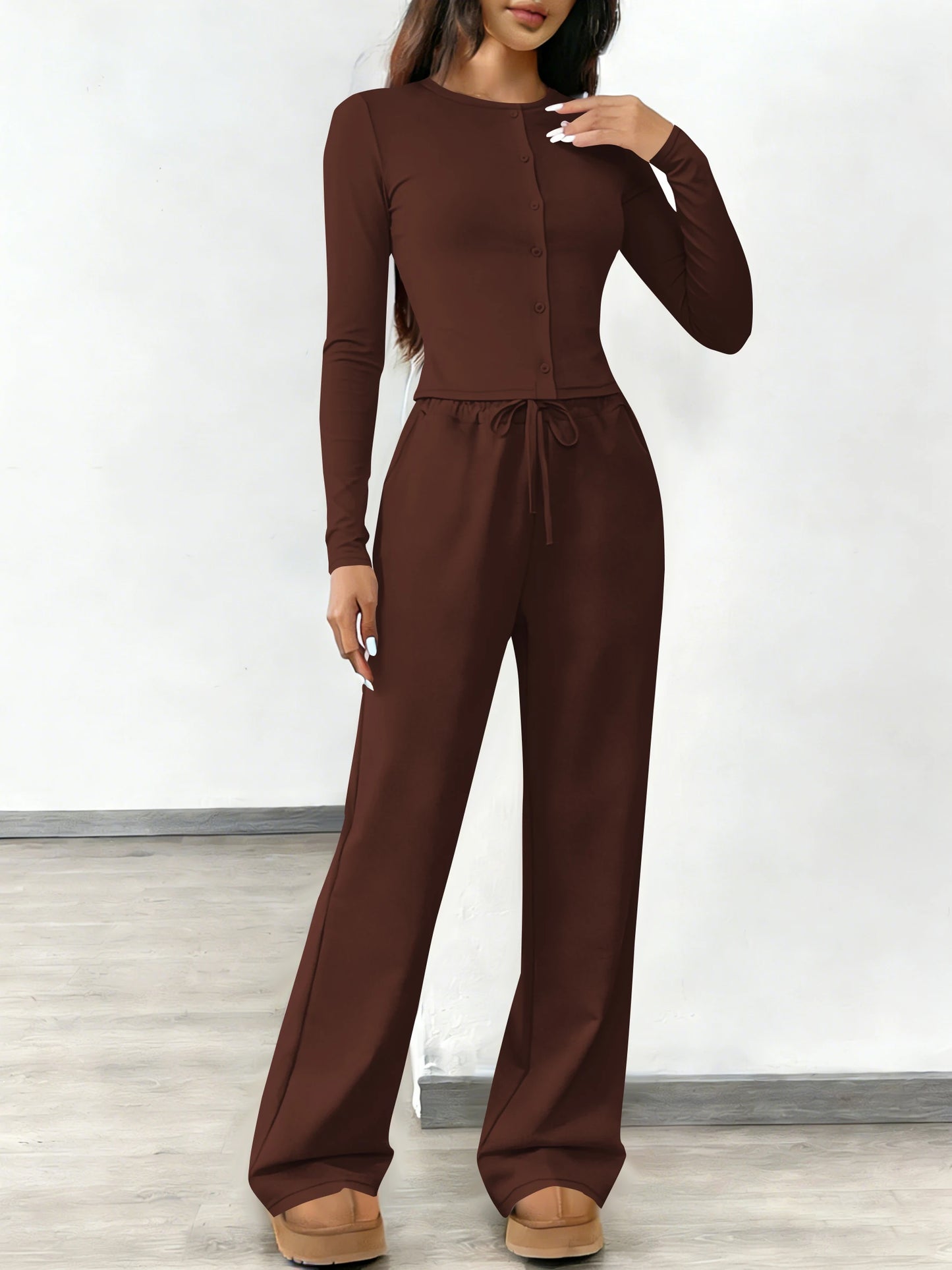 Women's fashionable two-piece set: round neck button-down long-sleeved top