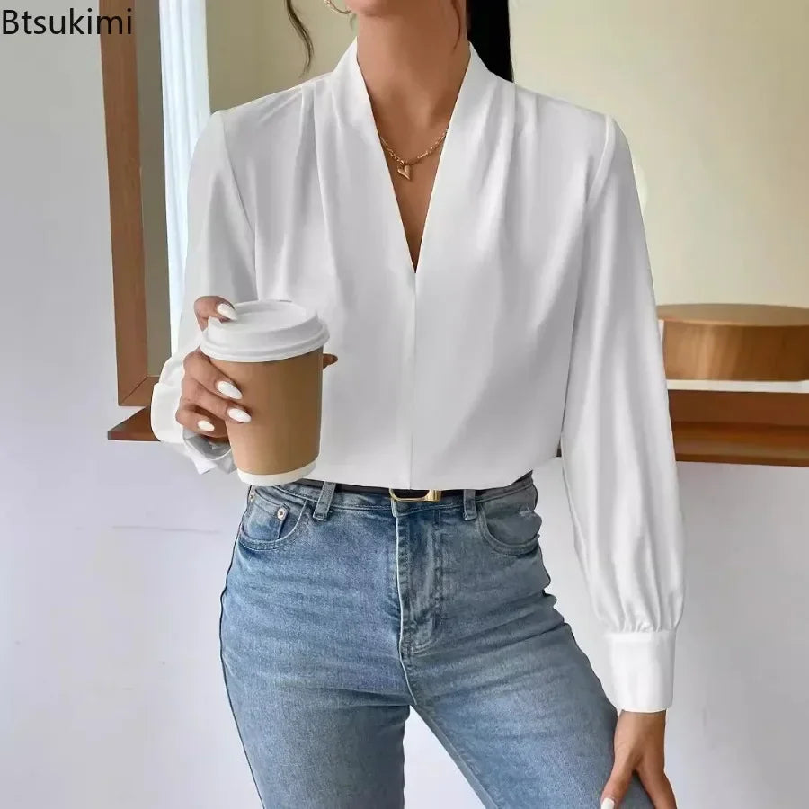 Women's Elegant Blouses Solid Color Long Sleeve V Neck Shirts