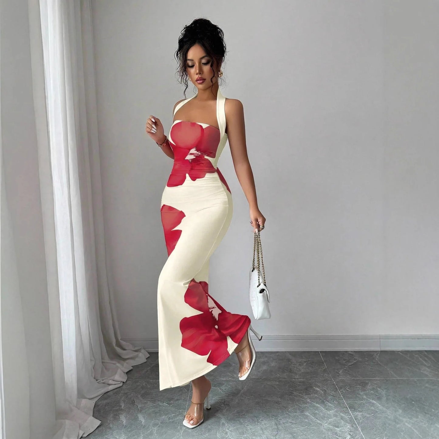 Plunging Neckline Back Opening Printed Pattern Woman Clothes