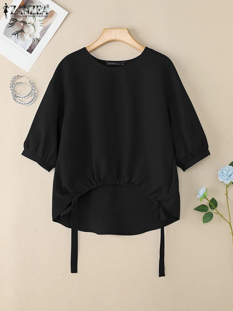 Women's High-Low White Blouses  O-Neck 3/4 Lantern Sleeve