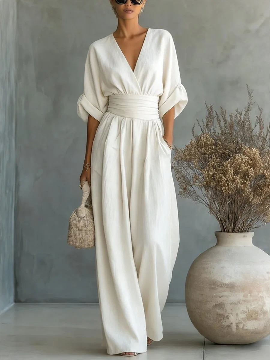Women's Jumpsuit Fashion High Waist V-neck wide Leg Trousers