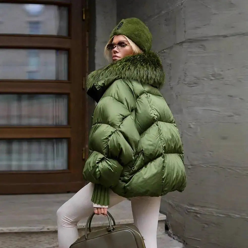 Women's Green Fur Collar Quilted Coats Loose Lady Warm Jackets