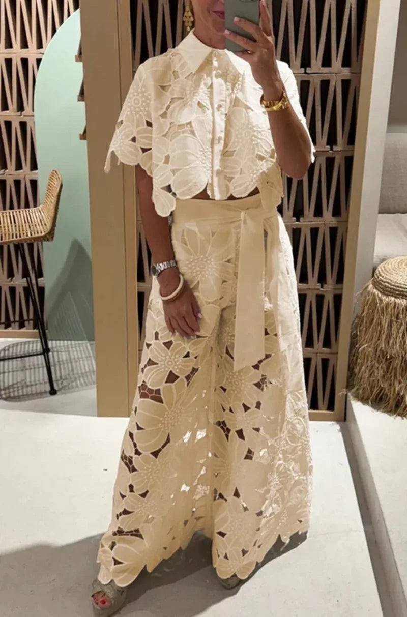 Elegant Women's Sets Sexy Lace Hollow Shirt Short Top + Wide-leg Pants