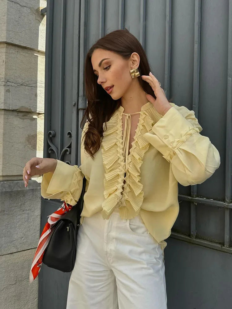 HH Women's Fashion Blouses Light Yellow V-Neck Long Sleeves Tierred Decoration