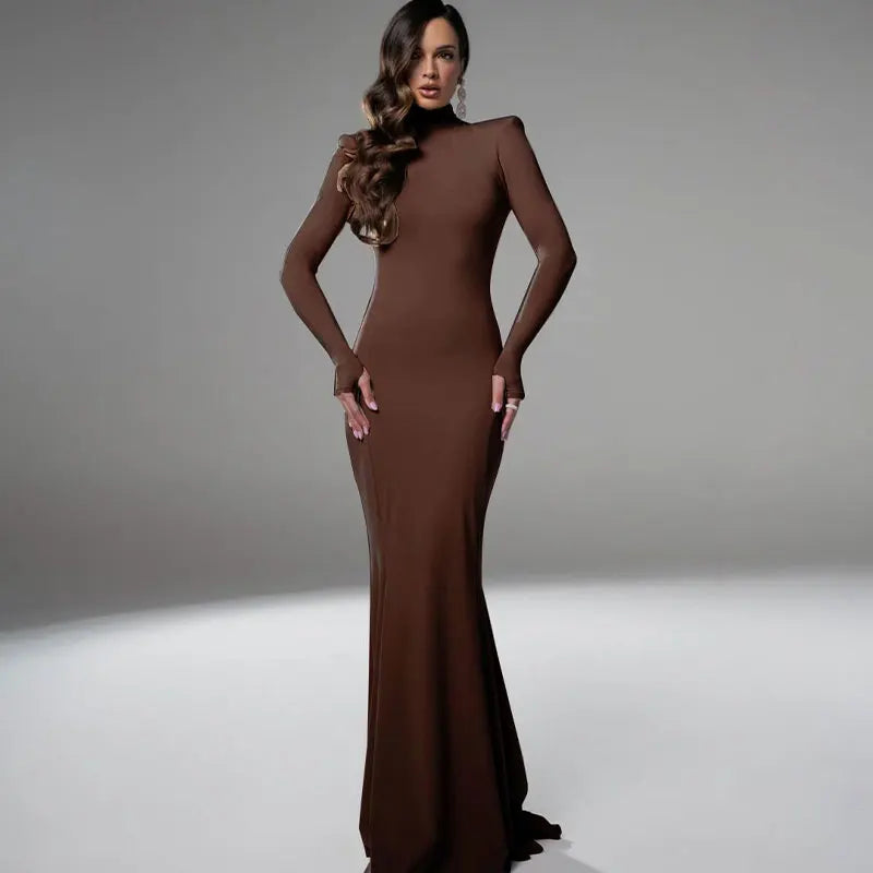 New Sexy Solid Backless Elegant  Casual Slim Turtleneck Long Sleeves Dress