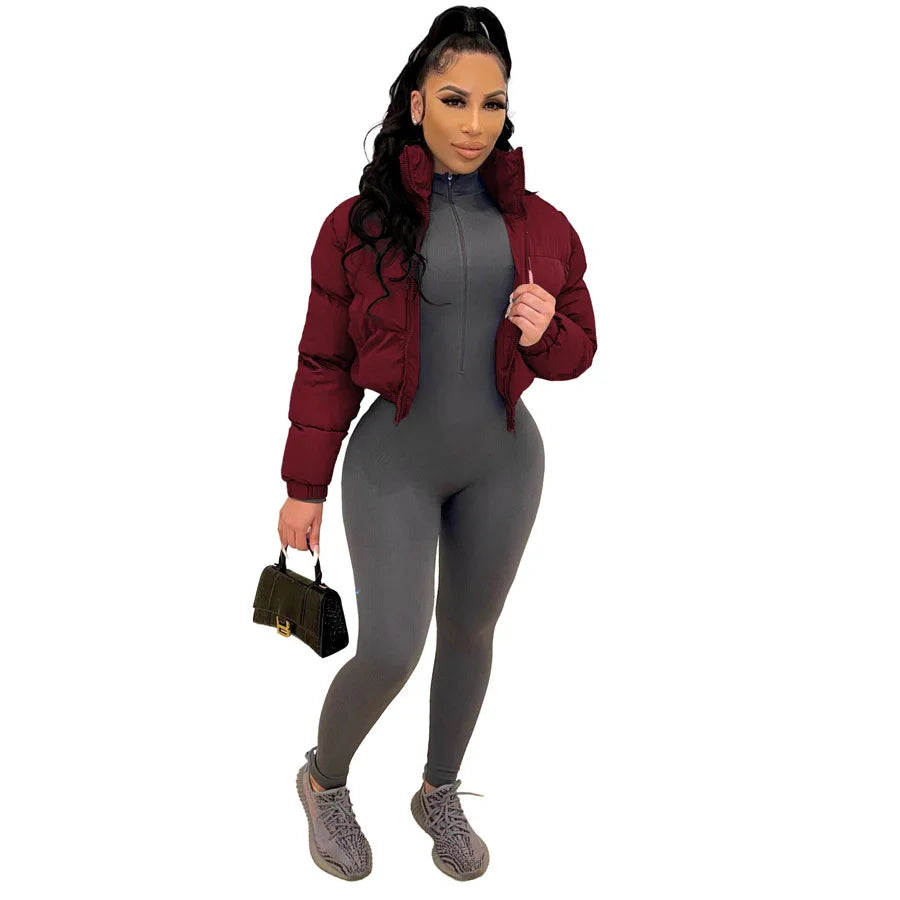 Long Sleeve Zipper Design Casual Plain O-Neck Daily Crop Puffer Jacket Coat